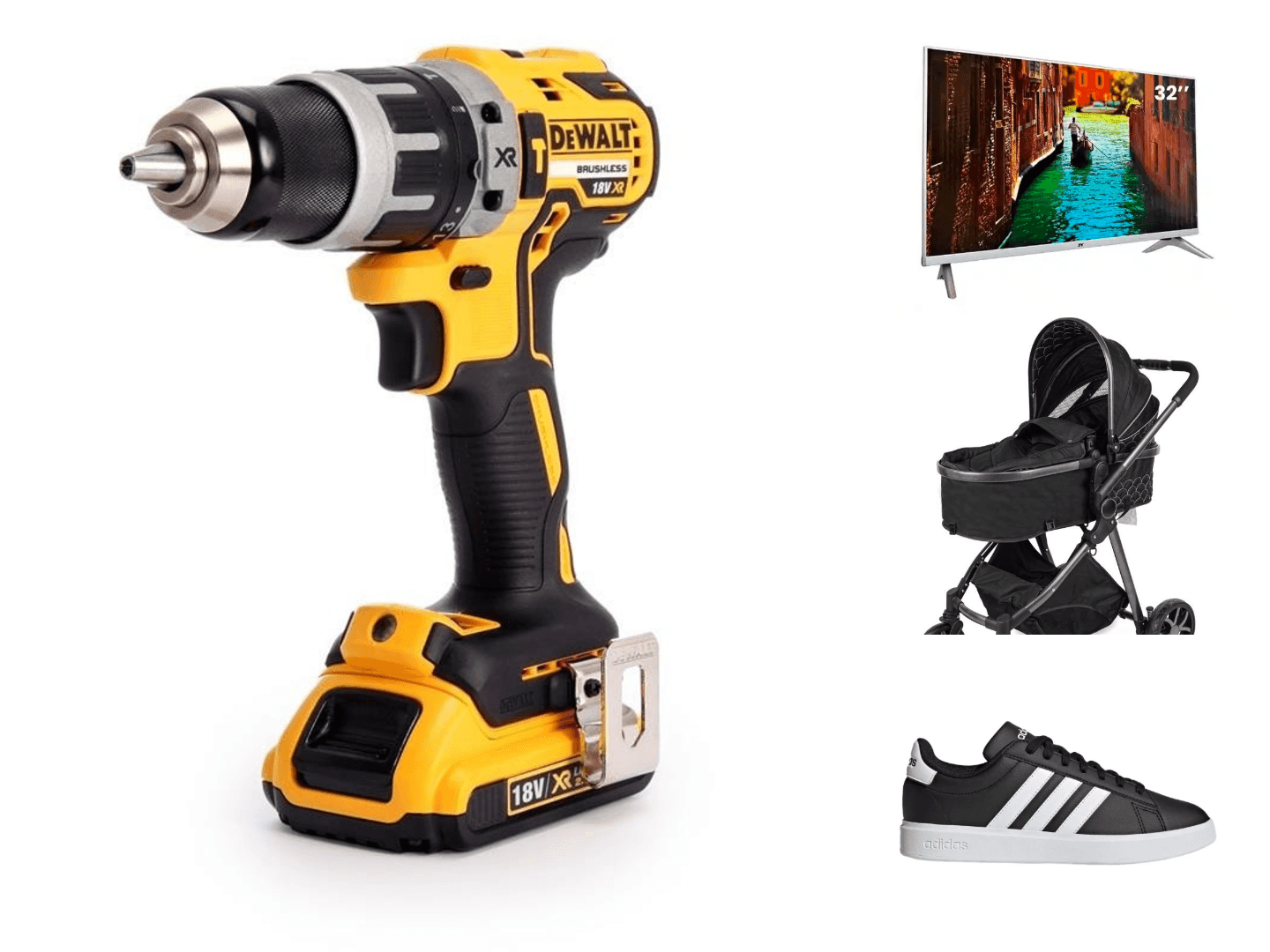 Collage avec une visseuse Dewalt, une télévision écran plat, une poussette pour bébé et une paire de chaussure Adidas